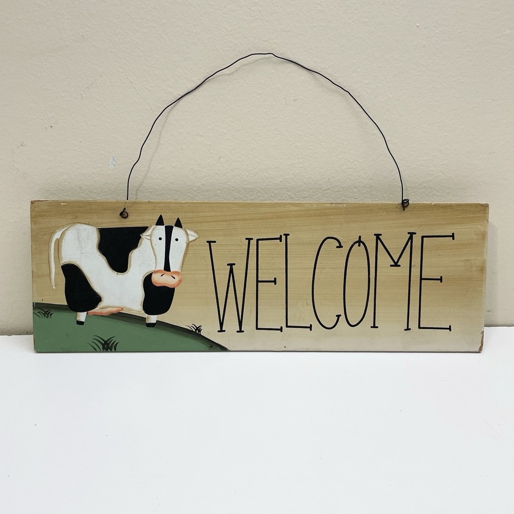 Black And White Cow Hanging Welcome Sign Wood 11.75" x 4" Country Decor Farm